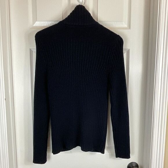 Talbots Sz M Navy Blue Cardigan Pima Cotton Chunky Knit Sweater Gold Buttons N1 - Picture 5 of 12
